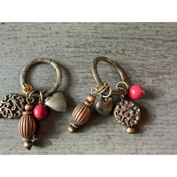 Jewelry - Boho vintage Metal Charm Hoop Earrings Bronze Copper Heart Filigree Red Bead